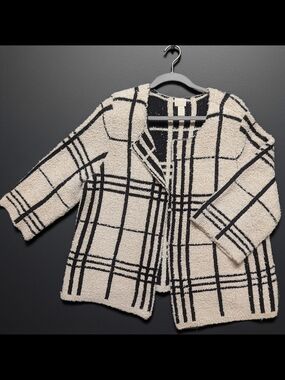 Chico's Cream and Black Plaid Open-Front Cardigan
